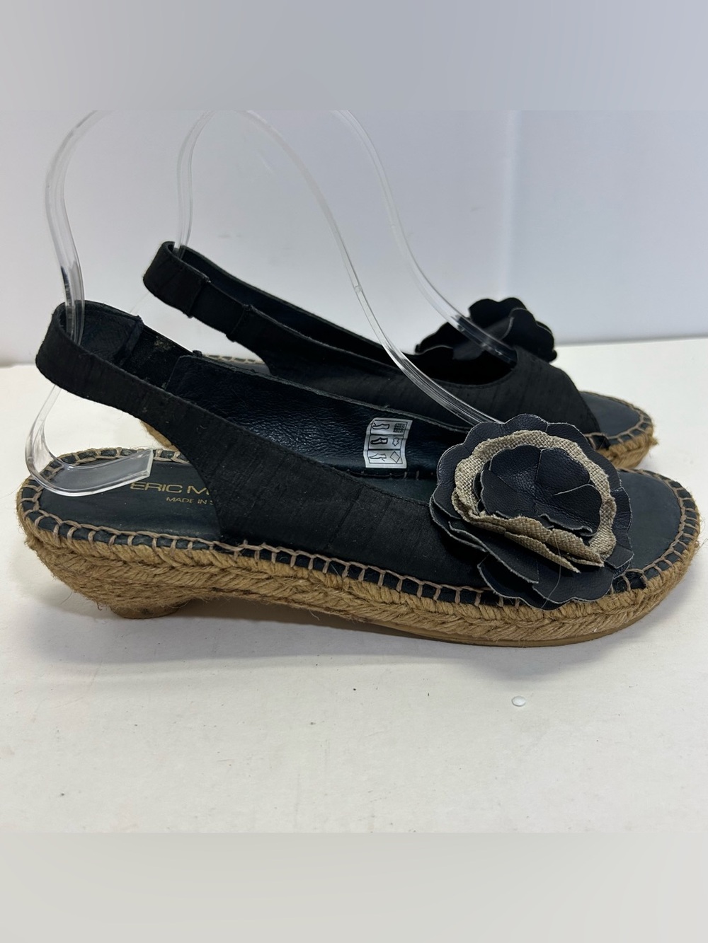 Eric Michael Black Espadrille Wedge Slingback sandals size 37, 6.5 Flower